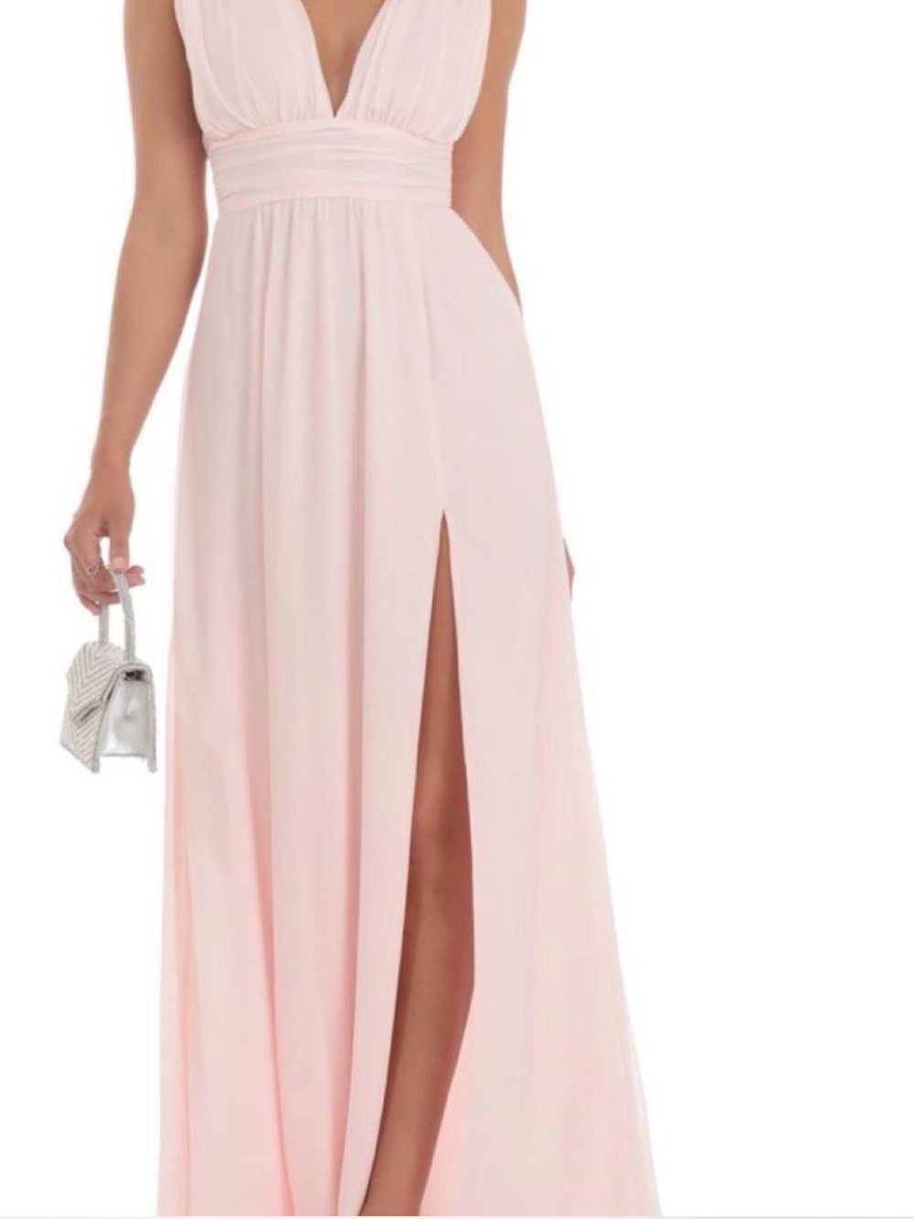 Lucy in the Sky Pale Pink Deep V Maxi Dress with Side Slit